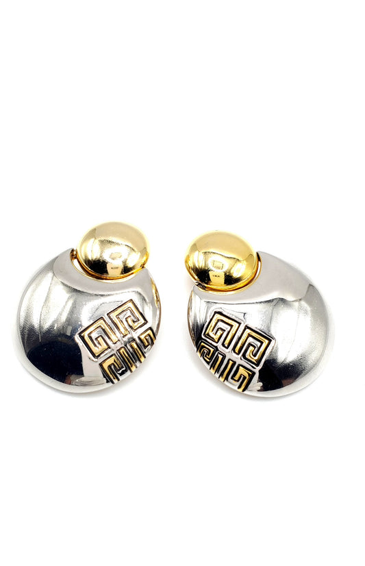 Vintage GIVENCHY Signed Logo Gold And Silver Tone Runway Designer Dangle Clip On Earrings