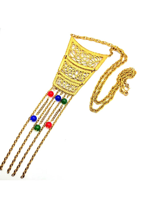 Vintage Etruscan Revival Filigree Tassel Necklace Gold Tone Multicolor Beads Statement Jewelry