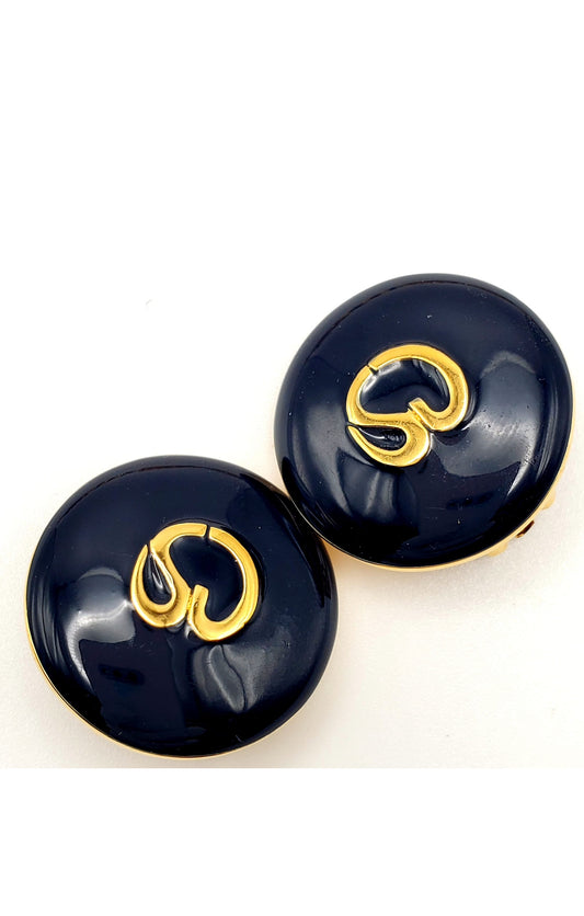 Vintage ST. JOHN Navy Blue Enamel, Gold Tone SJ Logo Runway, Designer Clip On Earrings