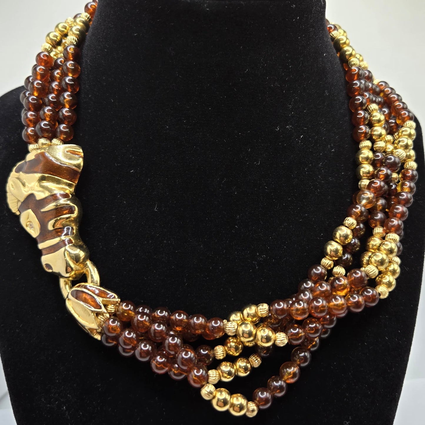 Vintage HORSE HEAD Brown and gold beads Enameled choker necklace