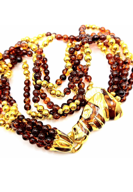 Vintage HORSE HEAD Brown and gold beads Enameled choker necklace