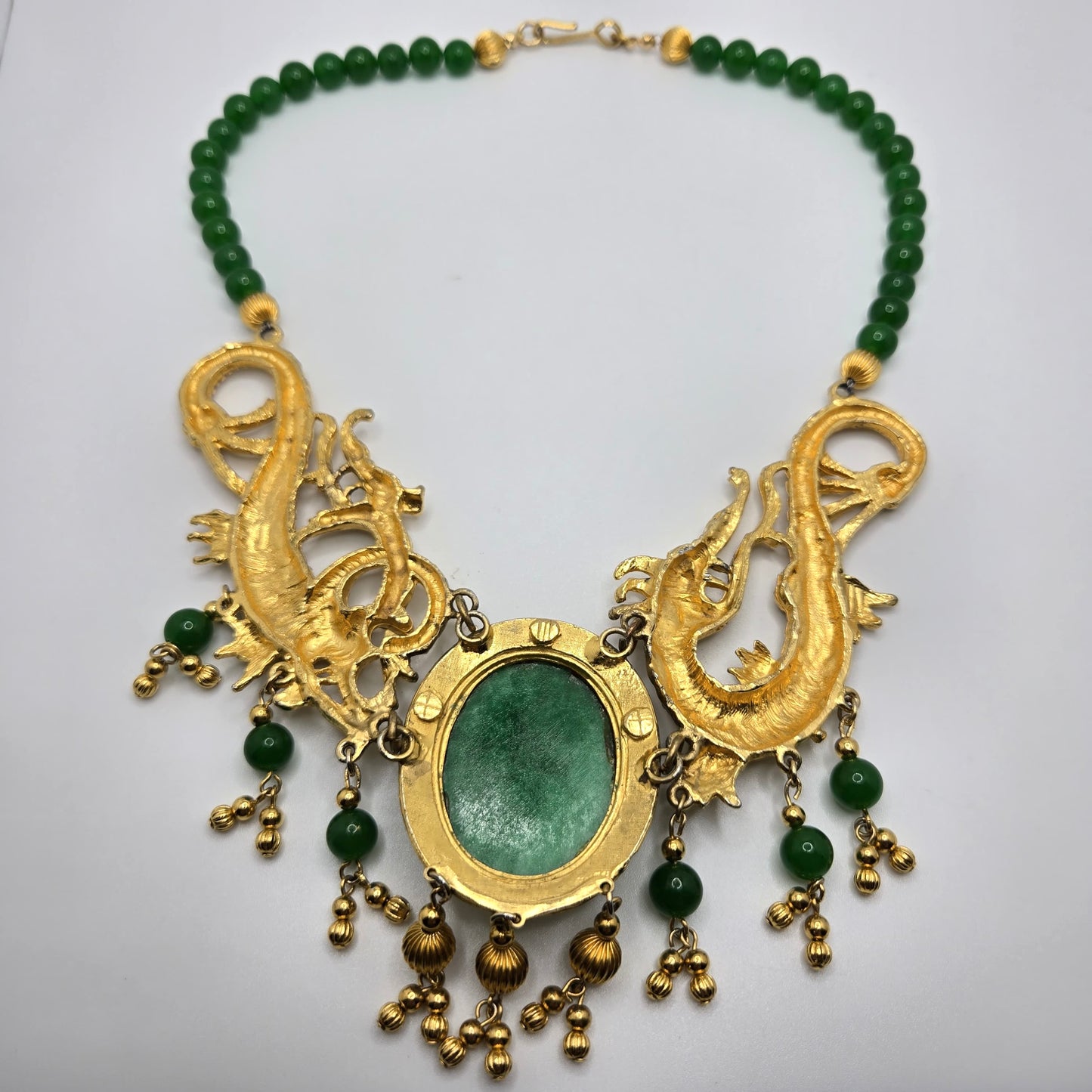Vintage Designer Runway Statement Necklace with Massive Dragon Motif, Gold-Tone Metal and Faux Green Jade Beads