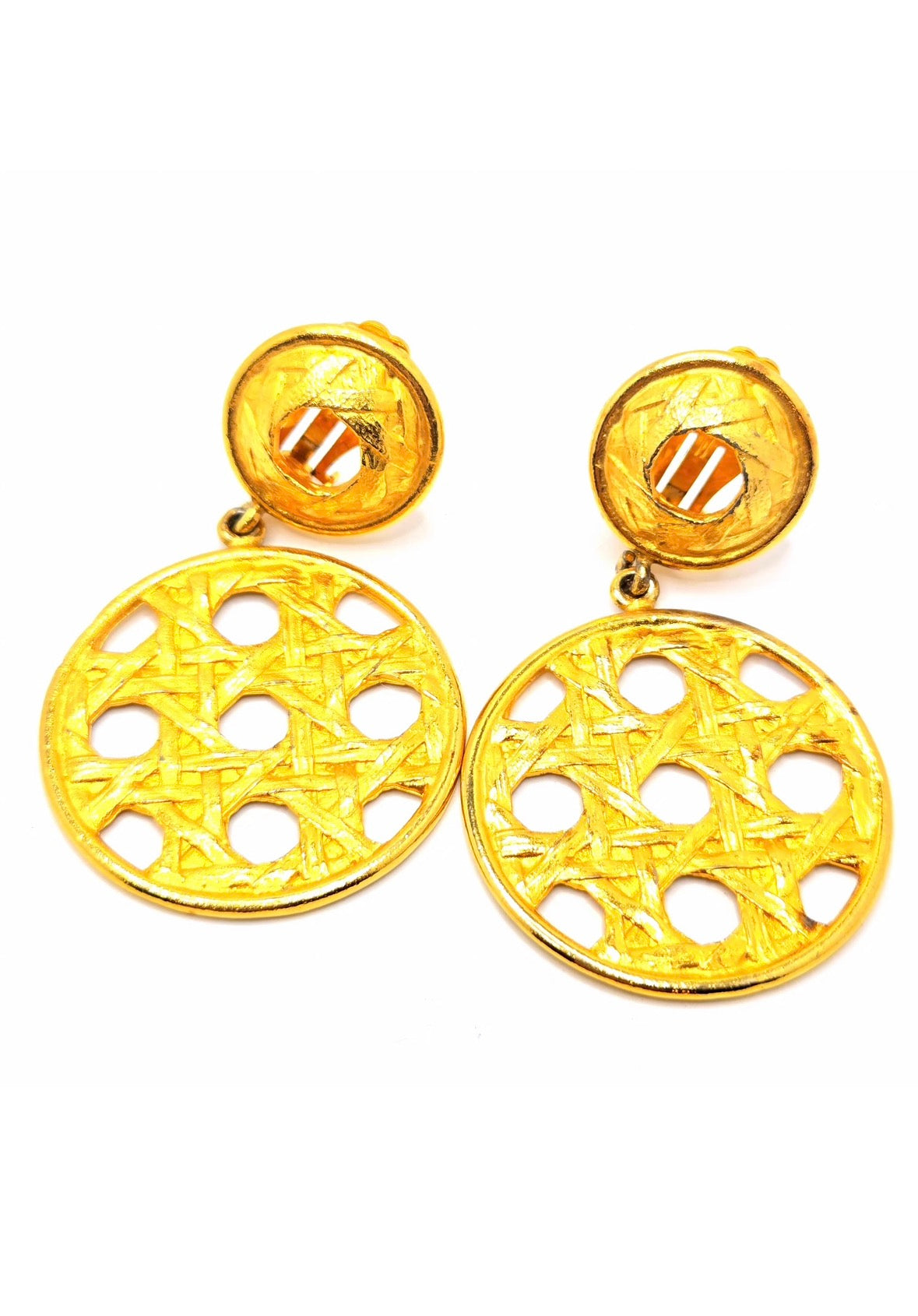 Vintage DAVID DUBIN Signed Gold tone Basket Woven Dangle CLIP on EARRINGS