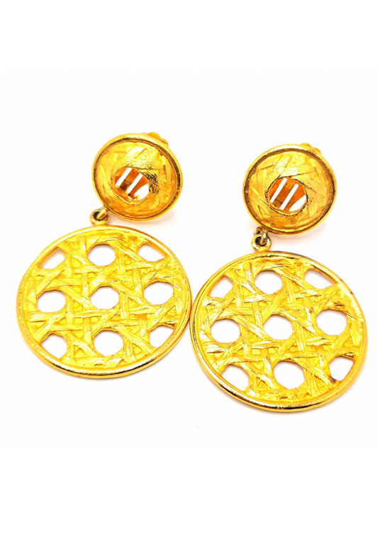 Vintage DAVID DUBIN Signed Gold tone Basket Woven Dangle CLIP on EARRINGS