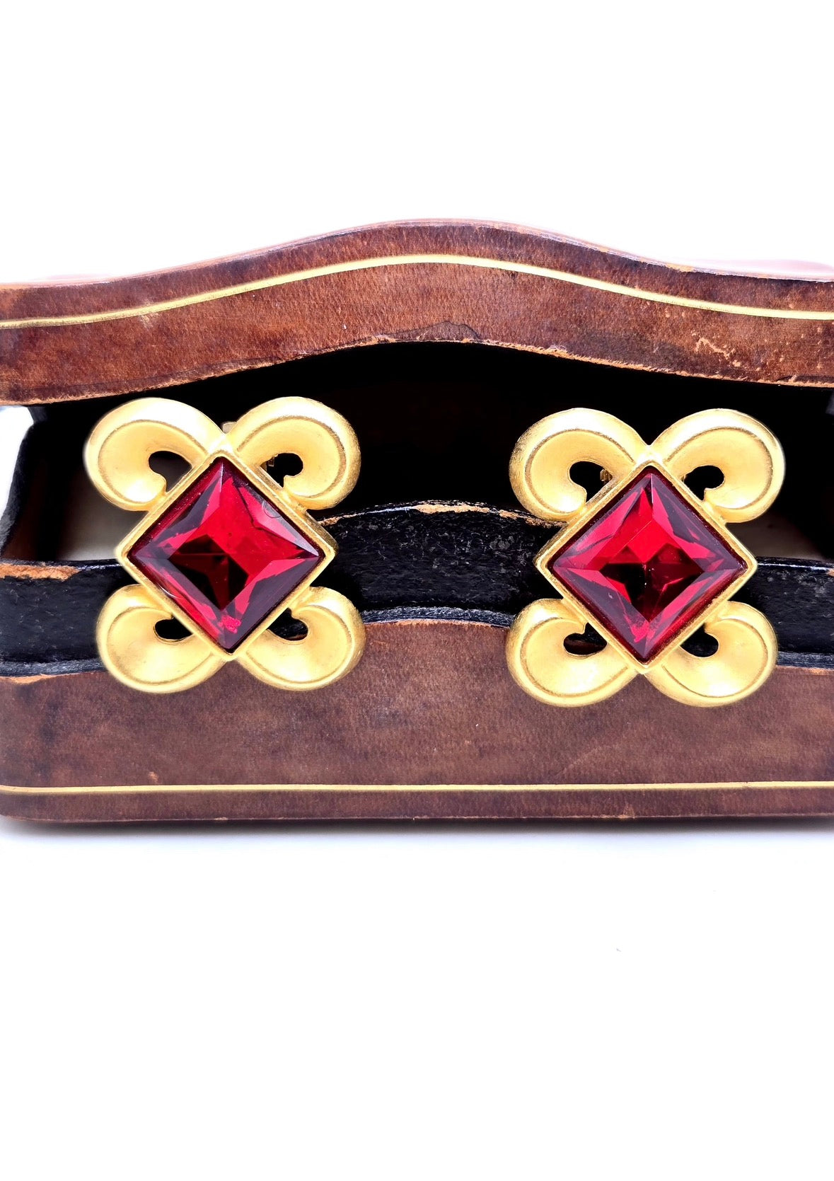 Vintage Designer Runway Byzantine Openwork Gold Tone Red Square Cabochon Clip-On Earrings