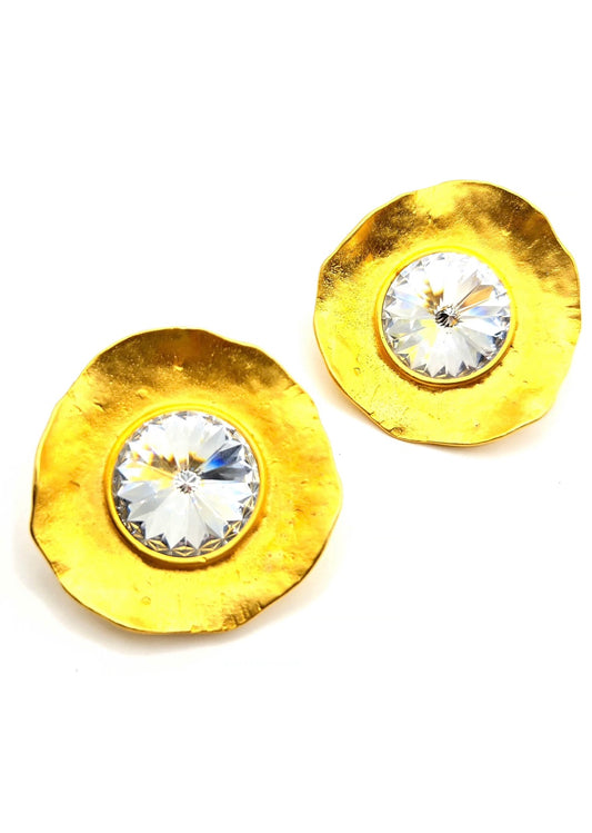 Vintage NORMA JEAN Large Modernist Round matte gold tone clear rhinestone designer runway clip on earrings