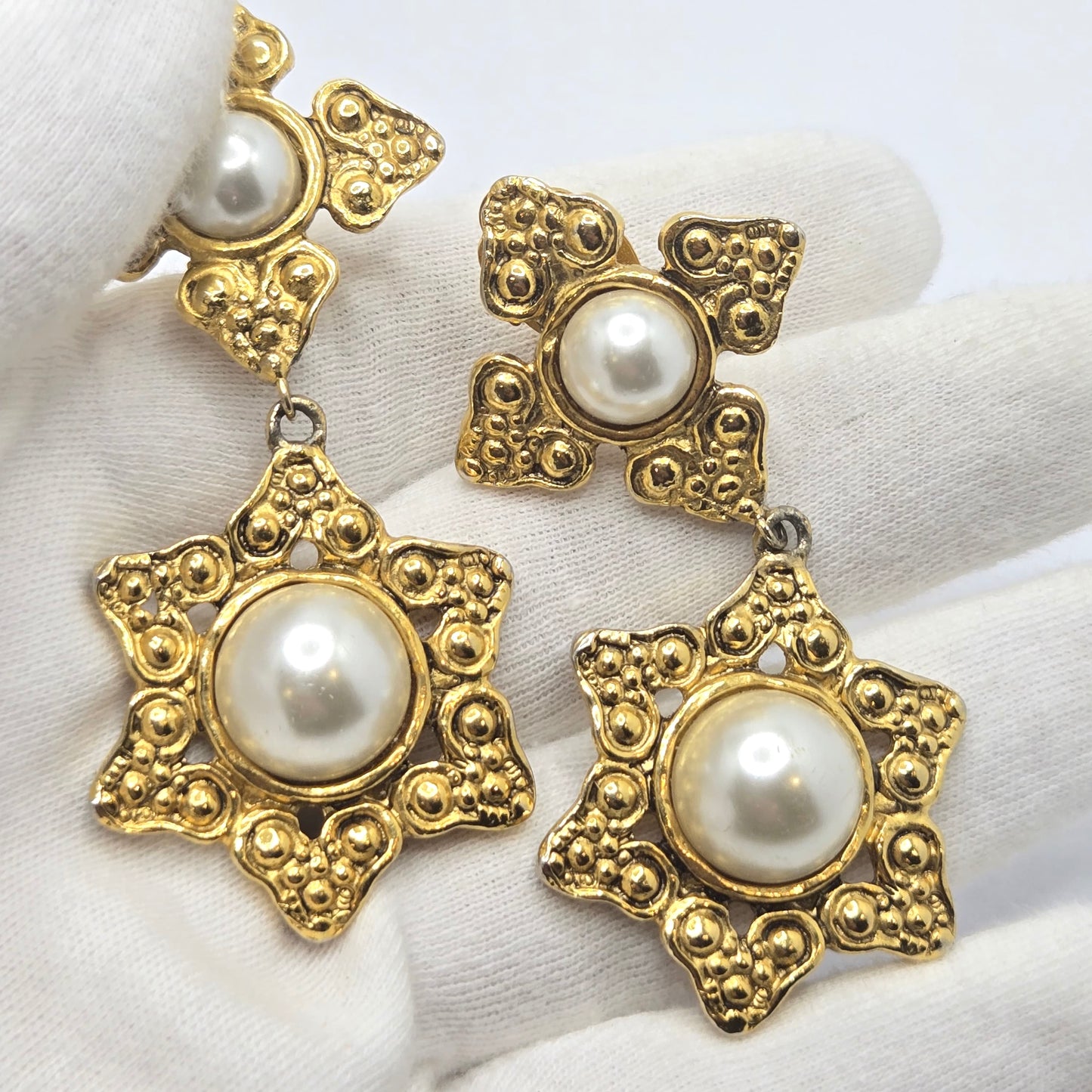 Vintage Designer Runway Large Cross Star Gold tone Faux pearl Dangle CLIP on EARRINGS