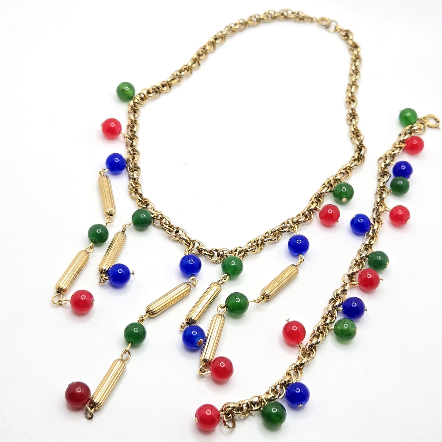 Vintage Statement Necklace and Bracelet Set, Gold Tone Chain with Red, Blue, Green Glass Beads