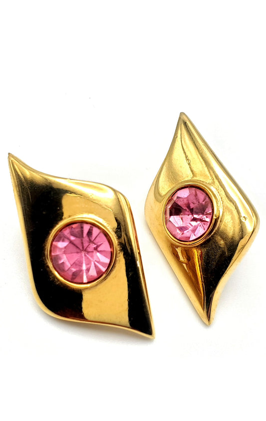 Vintage GIVENCHY Signed Large Pink Amethyst Rhinestone Gold Tone Earrings