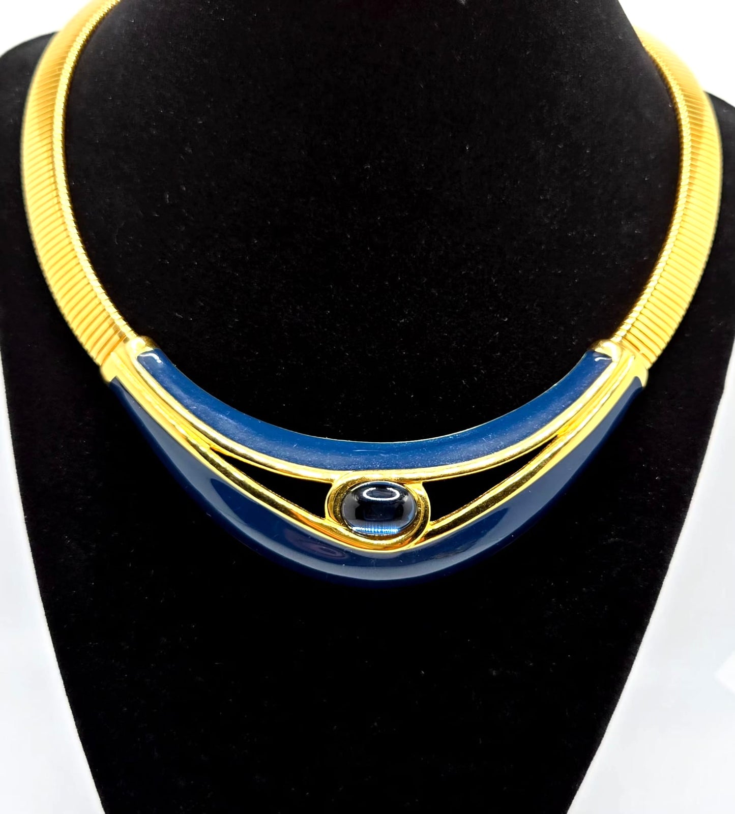 Vintage NAPIER Navy Blue Jelly Belly Cabochon Gold-Tone Enamel Choker Necklace Statement Jewelry