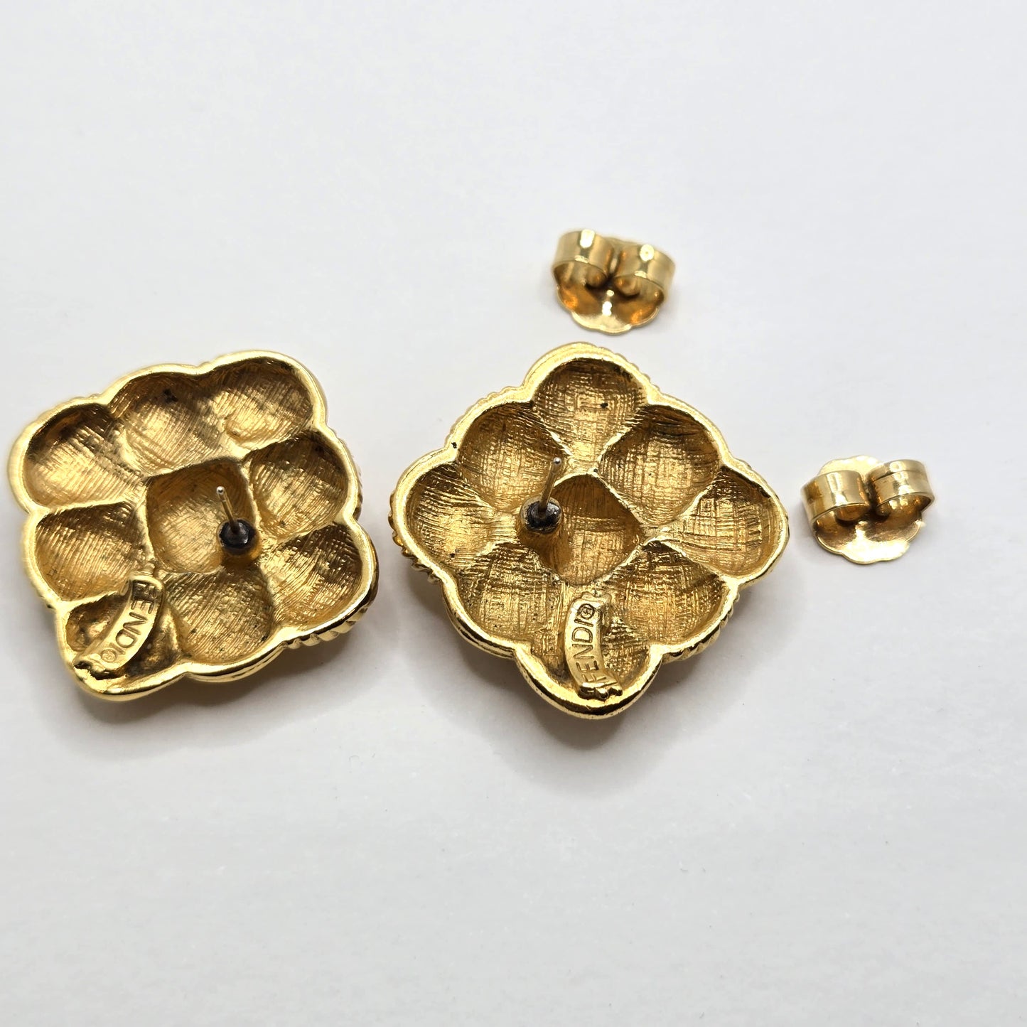 Vintage FENDI Signed FF logo Basket Weave Gold tone square designer runway Earrings