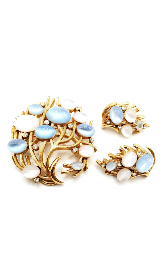 Vintage TRIFARI “Under the Sea” Alfred Philippe Moonstone Brooch Pin and Clip on Earrings Set