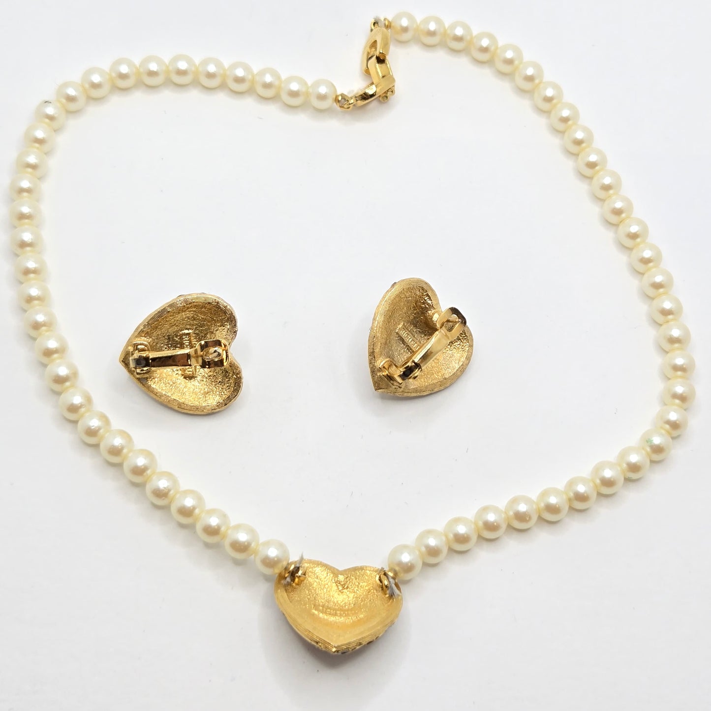 Vintage RICHELIEU Heart Gold Tone Rhinestones Red Jelly Belly Cabochon Faux Pearls Necklace and Earrings Set