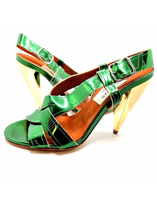 Lanvin Ete 2009 emerald green patent leather slingback sandals gold metallic cone heels size 38.5