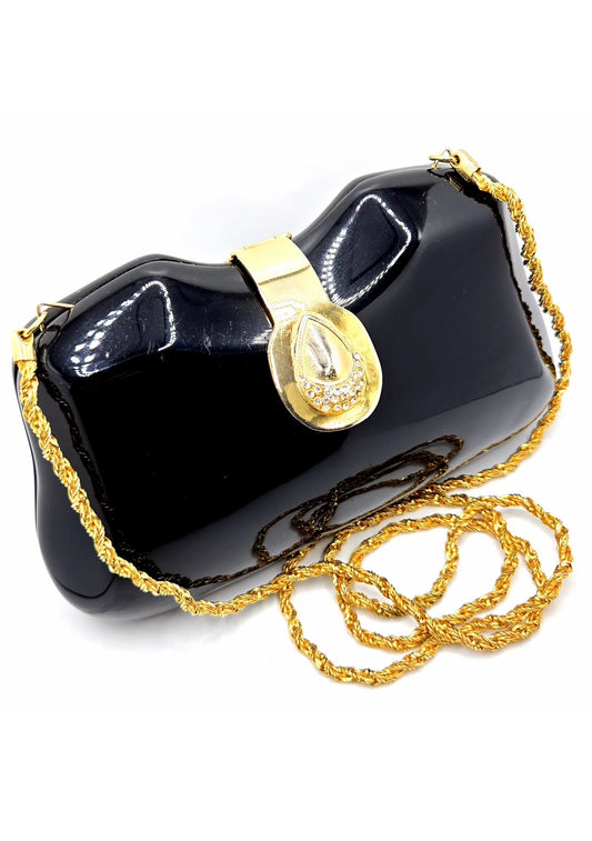 Vintage LE-ANN Black Lucite Hard Clutch with Gold-Tone Shoulder Chain & Rhinestone Accents Evening Purse