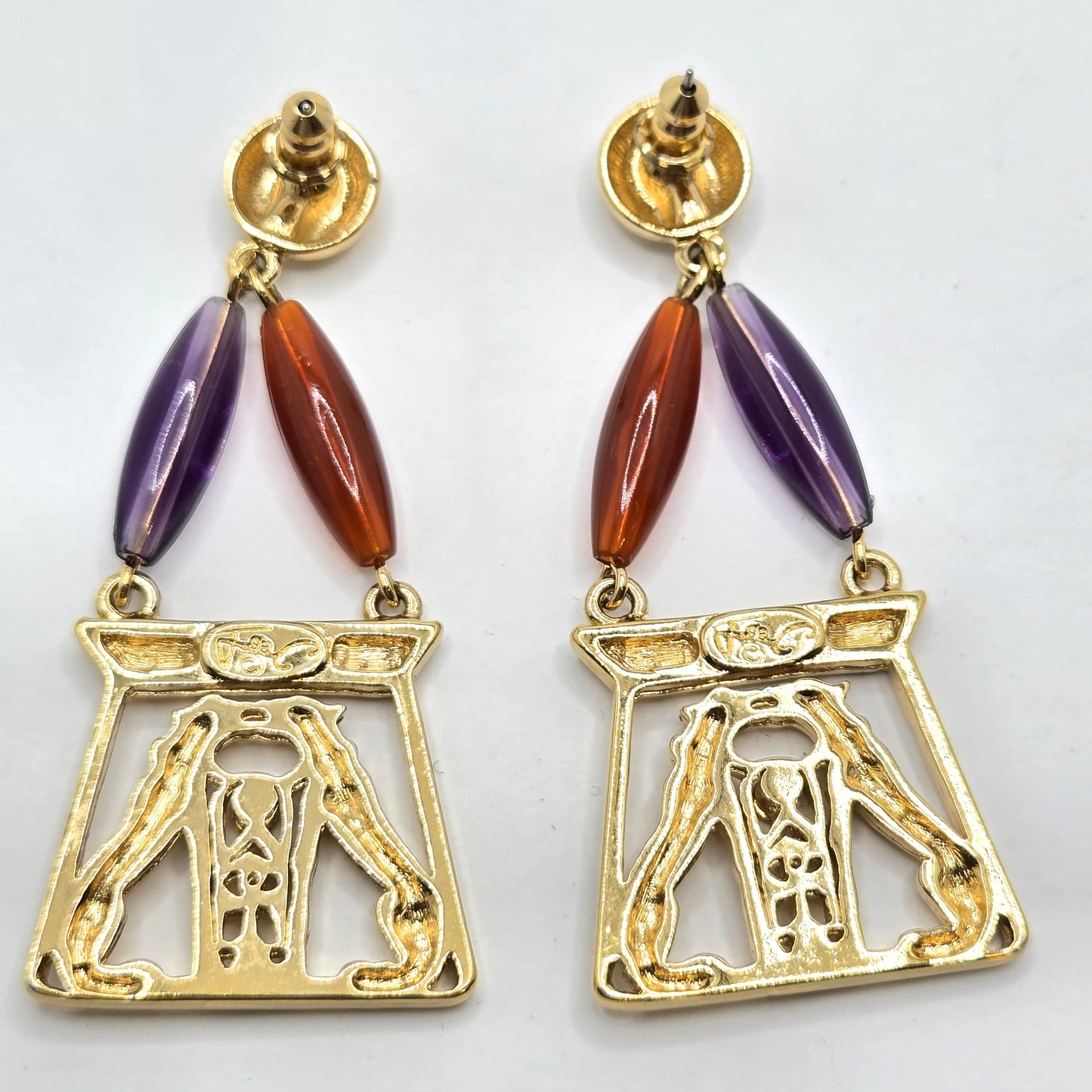 Vintage JACKIE COLLINS  Egyptian Revival Panthers gold tone designer runway Earrings