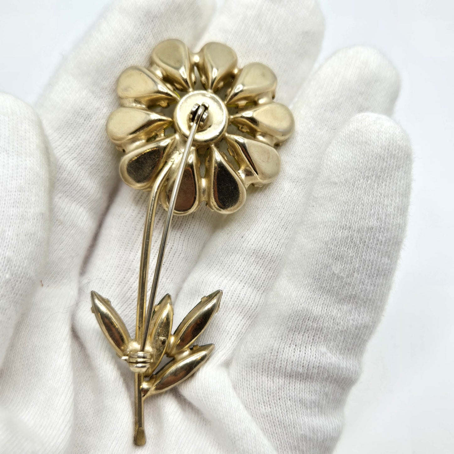 Vintage WEISS unsigned Yellow Flower Green Black Rhinestones Gold tone Brooch Pin