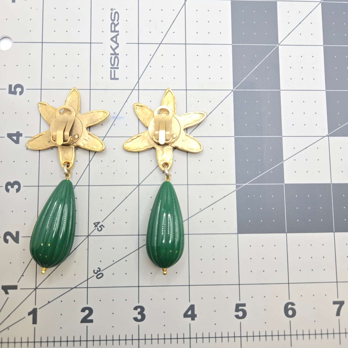 Vintage Huge Designer Runway Gold tone Flower Green Lucite Dangle Clip on Earrings