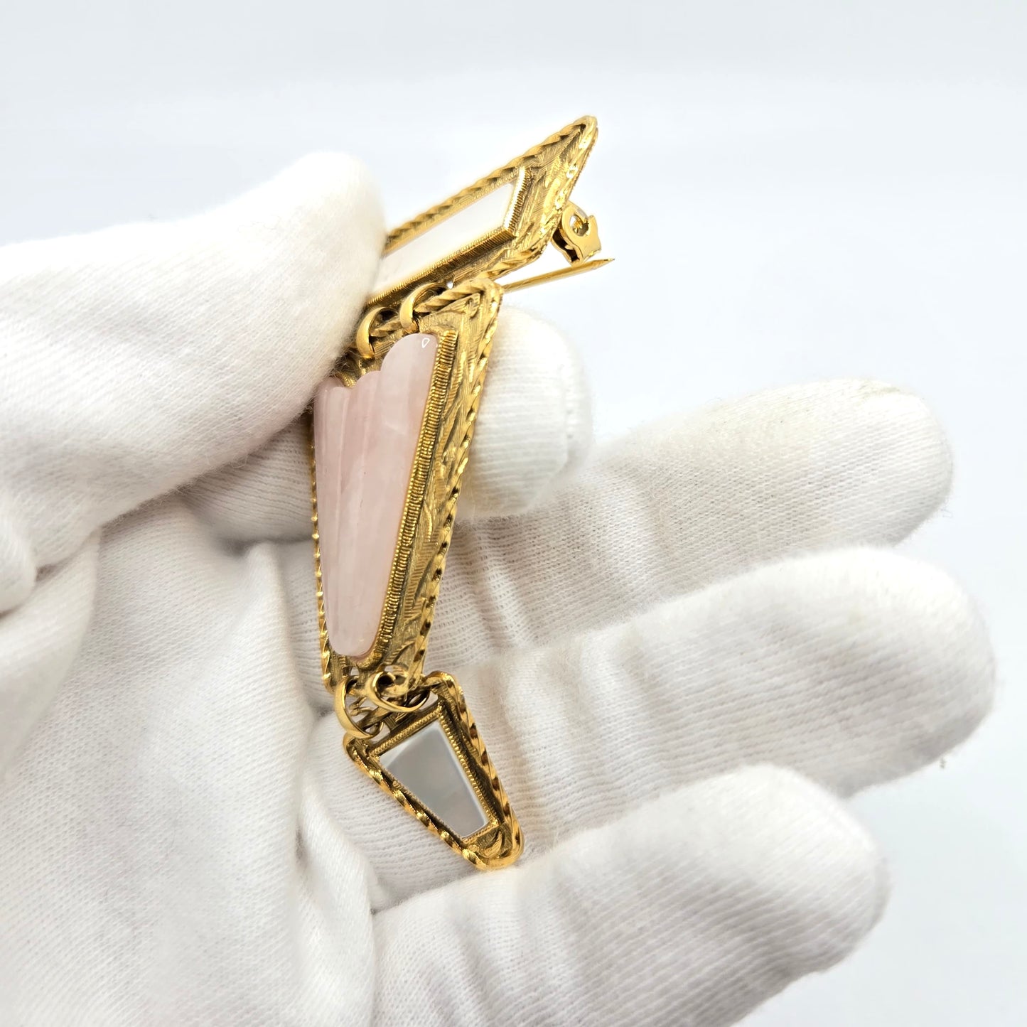 Vintage 1928 Pink Rose Quartz Gold-Tone Brooch Pin with Earrings Set