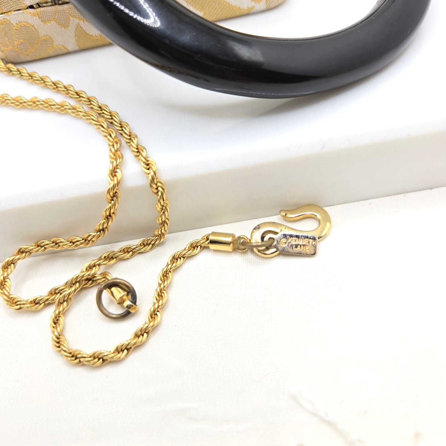 Vintage KENNETH LANE Black Resin Tusk Pendant Gold Tone Chain Necklace