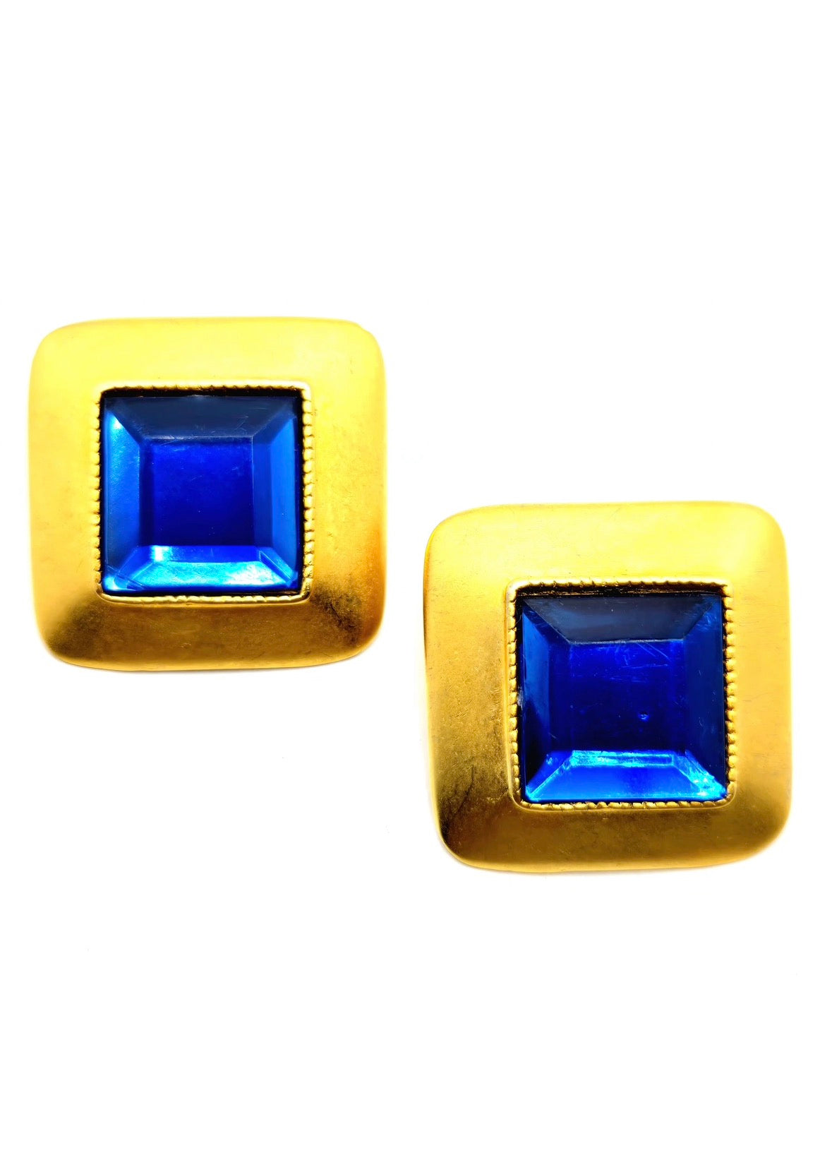 Vintage Designer Runway Large Square Blue Cabochon Gold Tone Clip-On Earrings