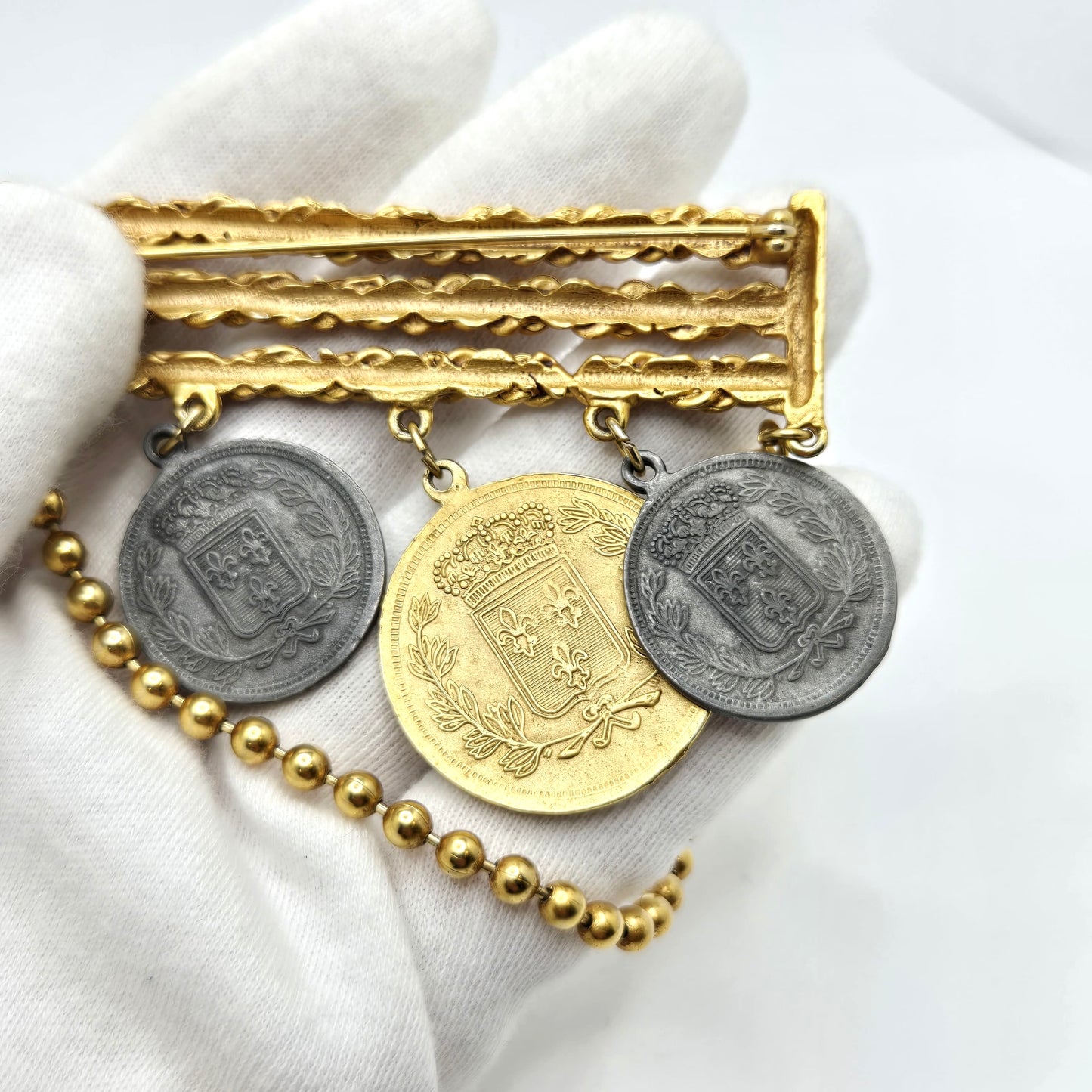 Vintage Republique Francaise Faux Coins Dangle Gold Tone Chain Brooch Pin Designer Runway