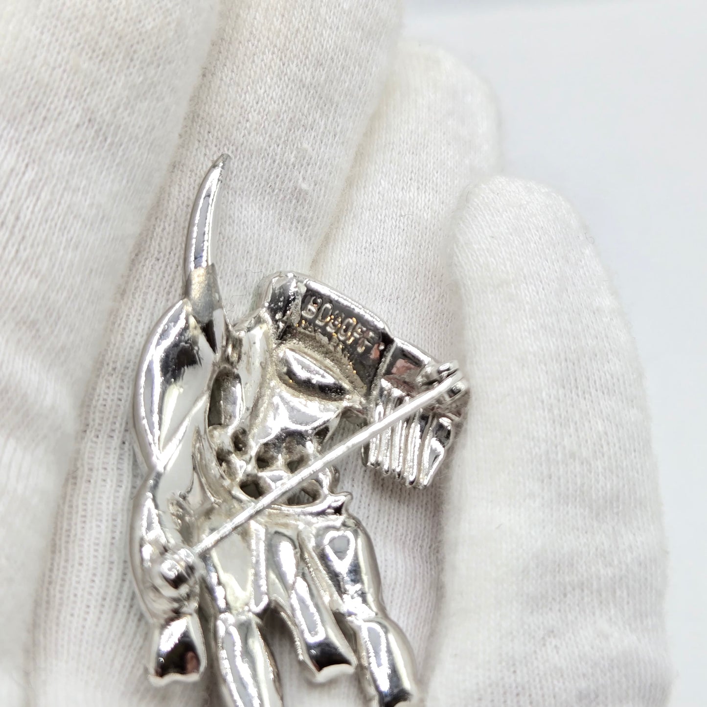 Vintage BOGOFF Scottish Terrier Dog green clear rhinestones silver tone Brooch Pin