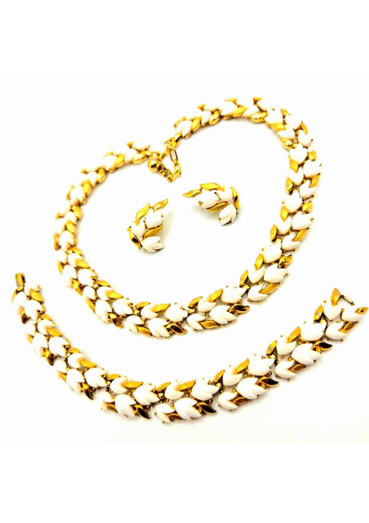 Vintage Trifari crown Alfred Philippe Parure White Lily Of Valley Necklace bracelet clip on Earrings set