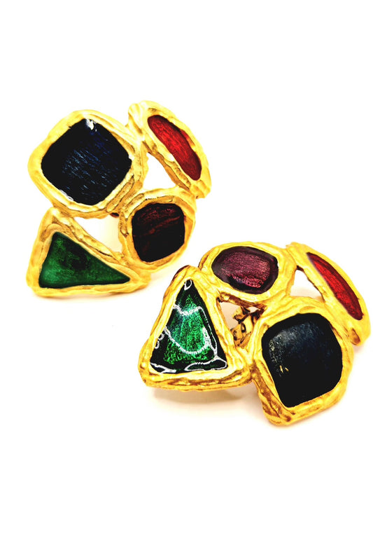 Vintage chunky multicolor enamel abstract, geometric gold tone clip on earrings
