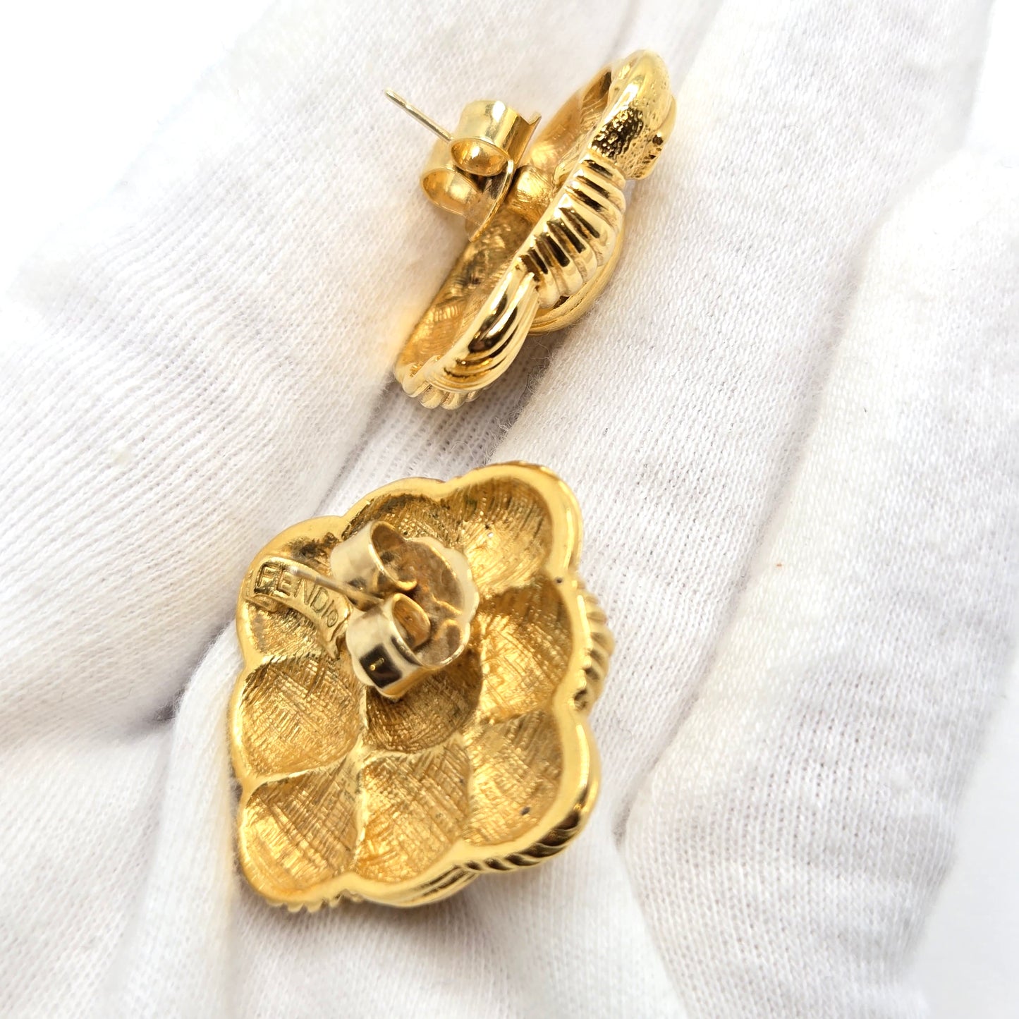 Vintage FENDI Signed FF logo Basket Weave Gold tone square designer runway Earrings