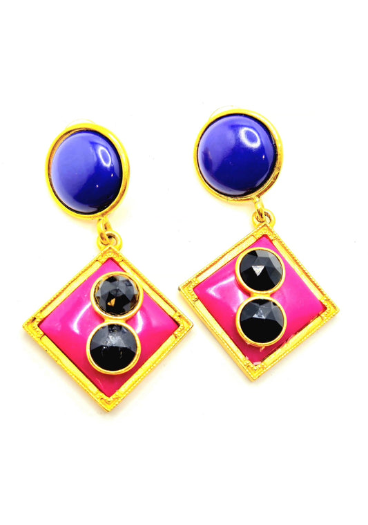Vintage Geometric design Pink purple enamel black Cabochon dangle gold tone designer runway Earrings