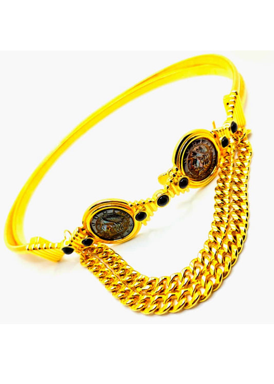 Vintage Judith Leiber Designer Runway Coin Embellished Stretch Belt gold tone. 25-28 inches