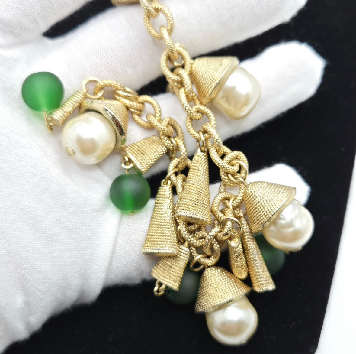 Vintage Gold-Tone Charms Dangle Bracelet with Faux Pearls & Green Glass Beads