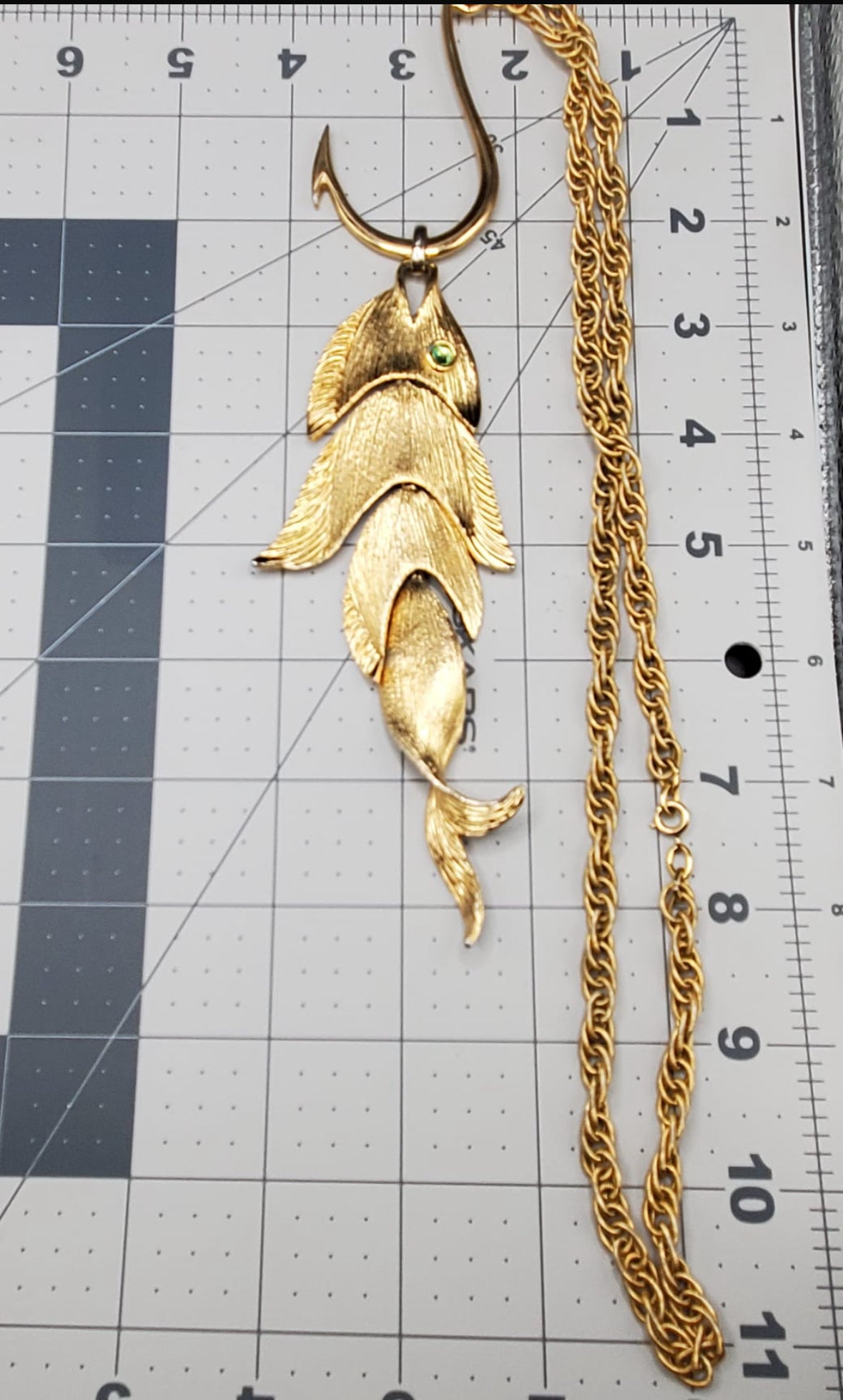 Vintage NAPIER 1970s Gold Tone Runway Articulated Fish On A Hook Pendant Necklace