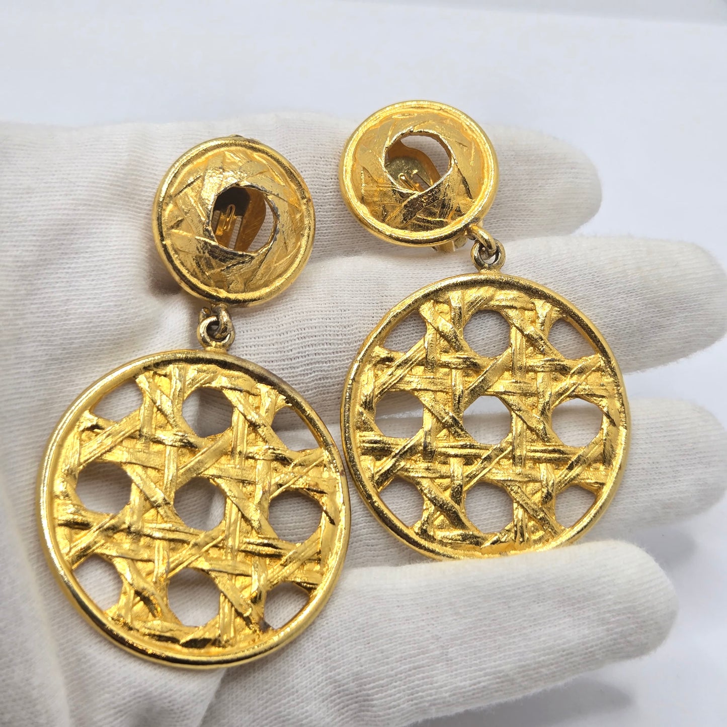 Vintage DAVID DUBIN Signed Gold tone Basket Woven Dangle CLIP on EARRINGS