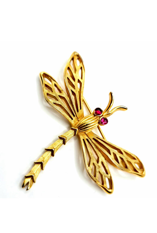 Vintage TRIFARI CROWN signed Dragonfly purple eyes gold tone Brooch pin