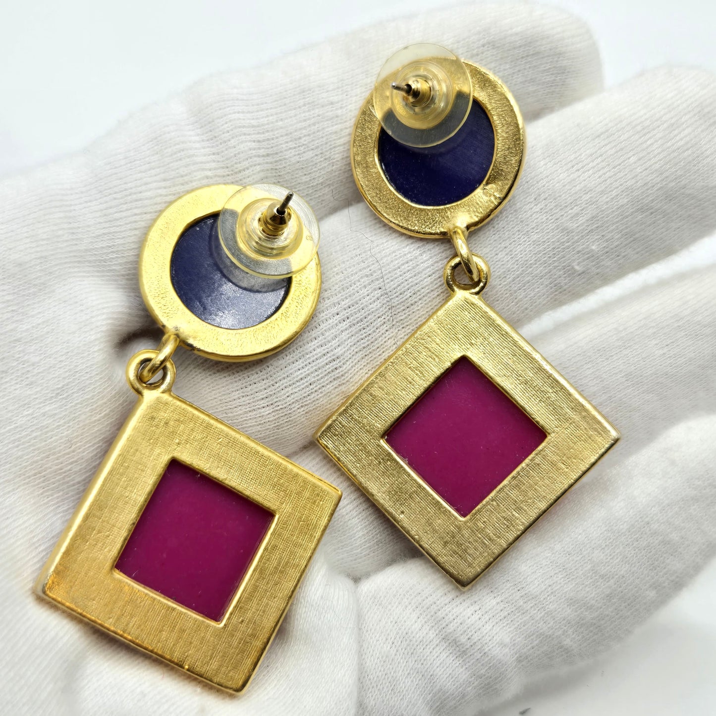 Vintage Geometric design Pink purple enamel black Cabochon dangle gold tone designer runway Earrings