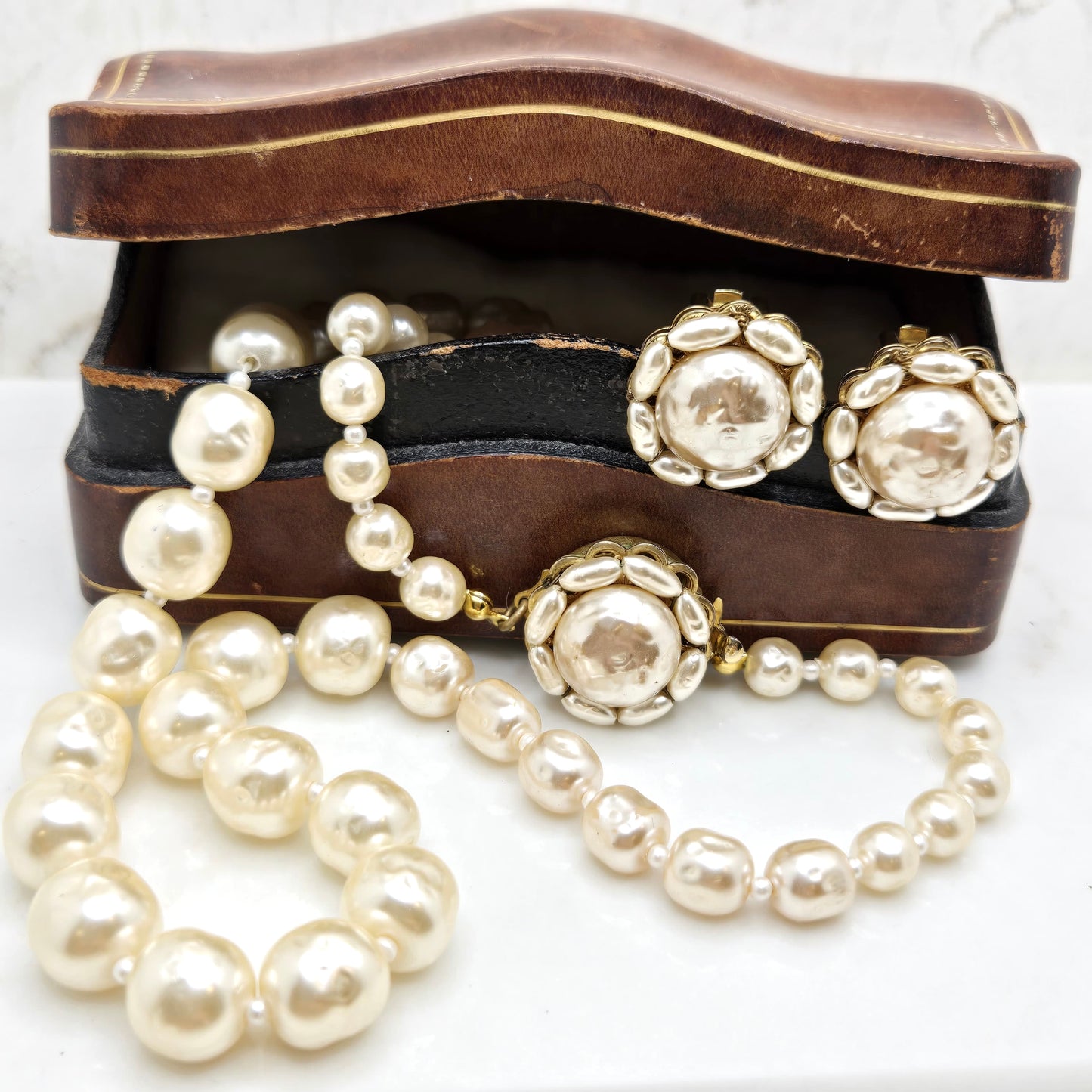 Vintage MIRIAM HASKELL Faux Baroque Pearl Single Strand Necklace & Clip On Earrings Set