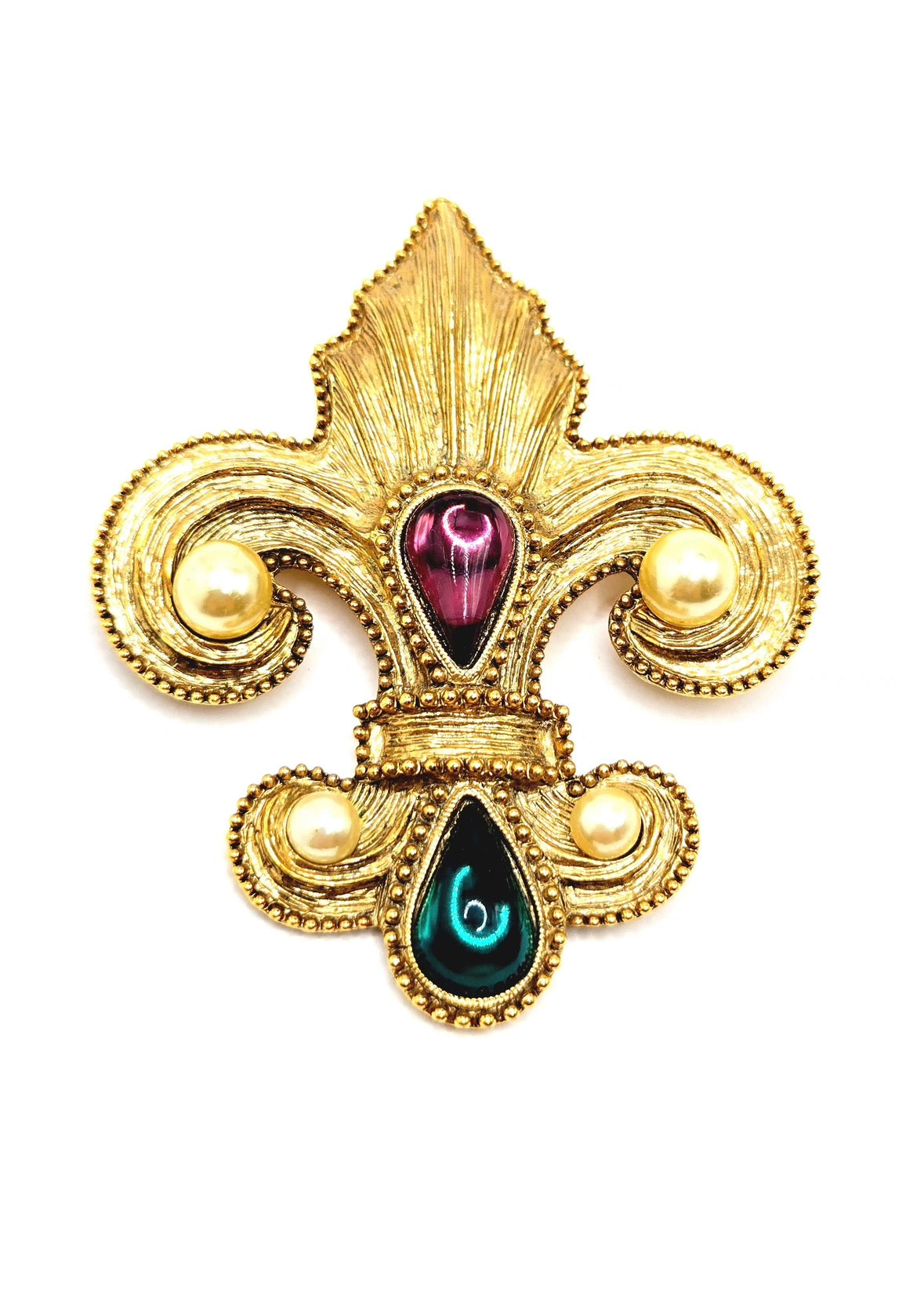 Vintage 1928 FLEUR-DE-LIS Purple Teal Faux Pearls Gold tone Brooch Pin