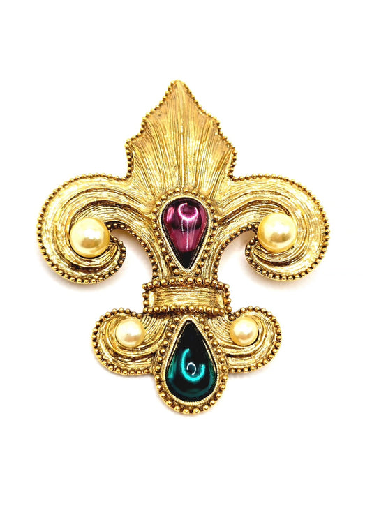 Vintage 1928 FLEUR-DE-LIS Purple Teal Faux Pearls Gold tone Brooch Pin