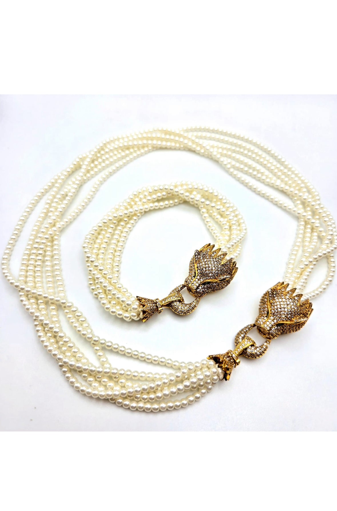 Vintage Green Eyes Leopard Necklace and Bracelet Set, Multi Strand Faux Pearls, Rhinestones, Gold Tone Metal