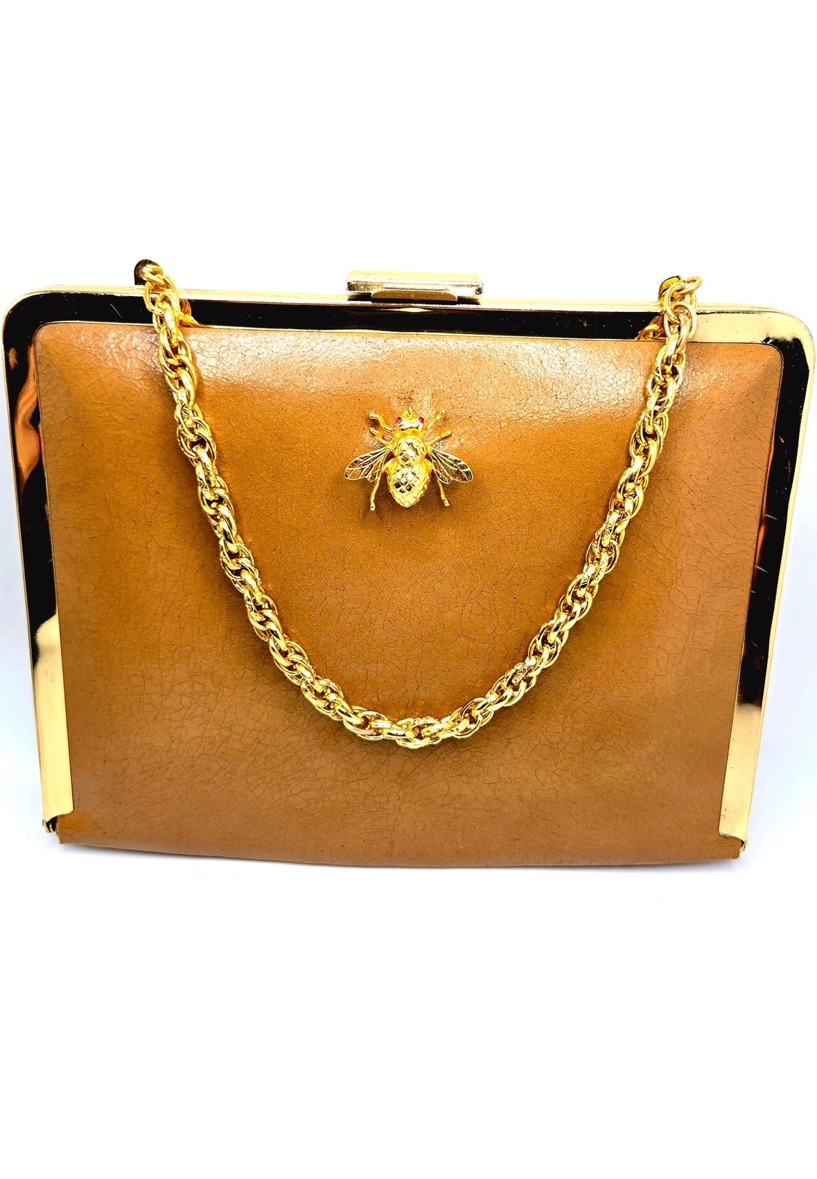 Vintage camel brown clutch bag with fly brooch pin, red eyes rhinestone, gold tone chain