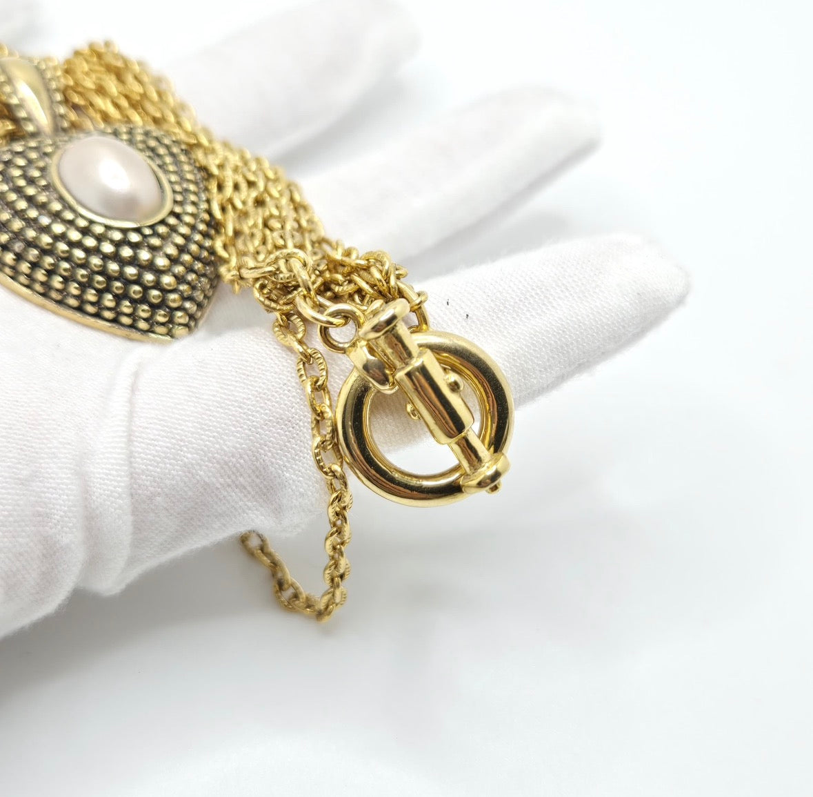 Vintage Gold-Tone Multi-Chain Necklace with Heart Pendant and Faux Pearl