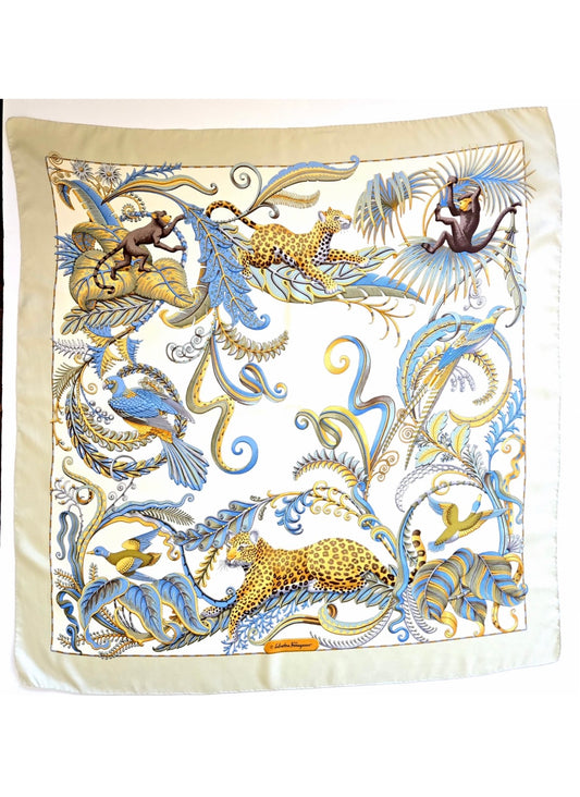 Vintage SALVATORE FERRAGAMO Leopard Botanical Monkeys Birds blue gold brown cream silk scarf 34x35
