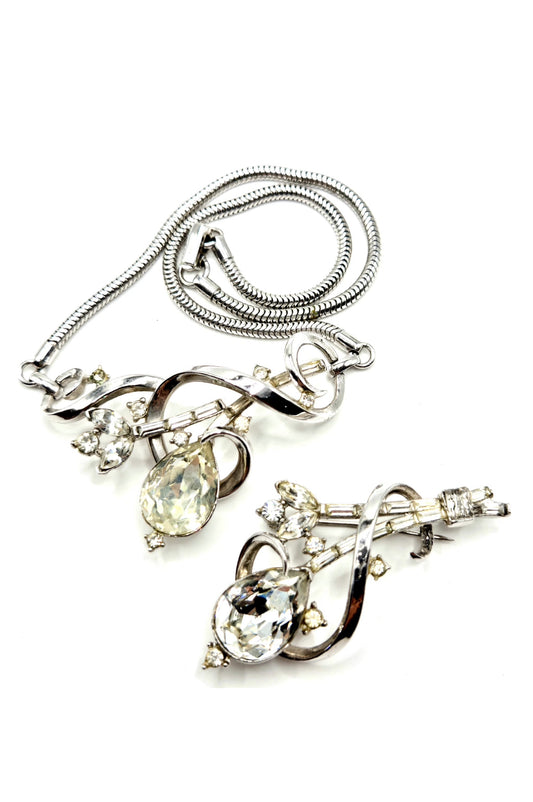 Vintage TRIFARI Alfred Philippe Gem of India silver tone rhinestones Necklace and Brooch pin set