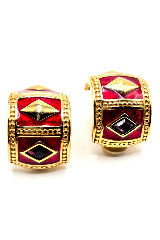 Vintage SWAROVSKI SWAN half hoop red enamel purple crystal gold tone Etruscan Clip On Earrings