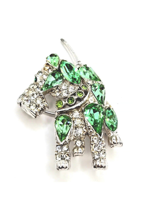 Vintage BOGOFF Scottish Terrier Dog green clear rhinestones silver tone Brooch Pin