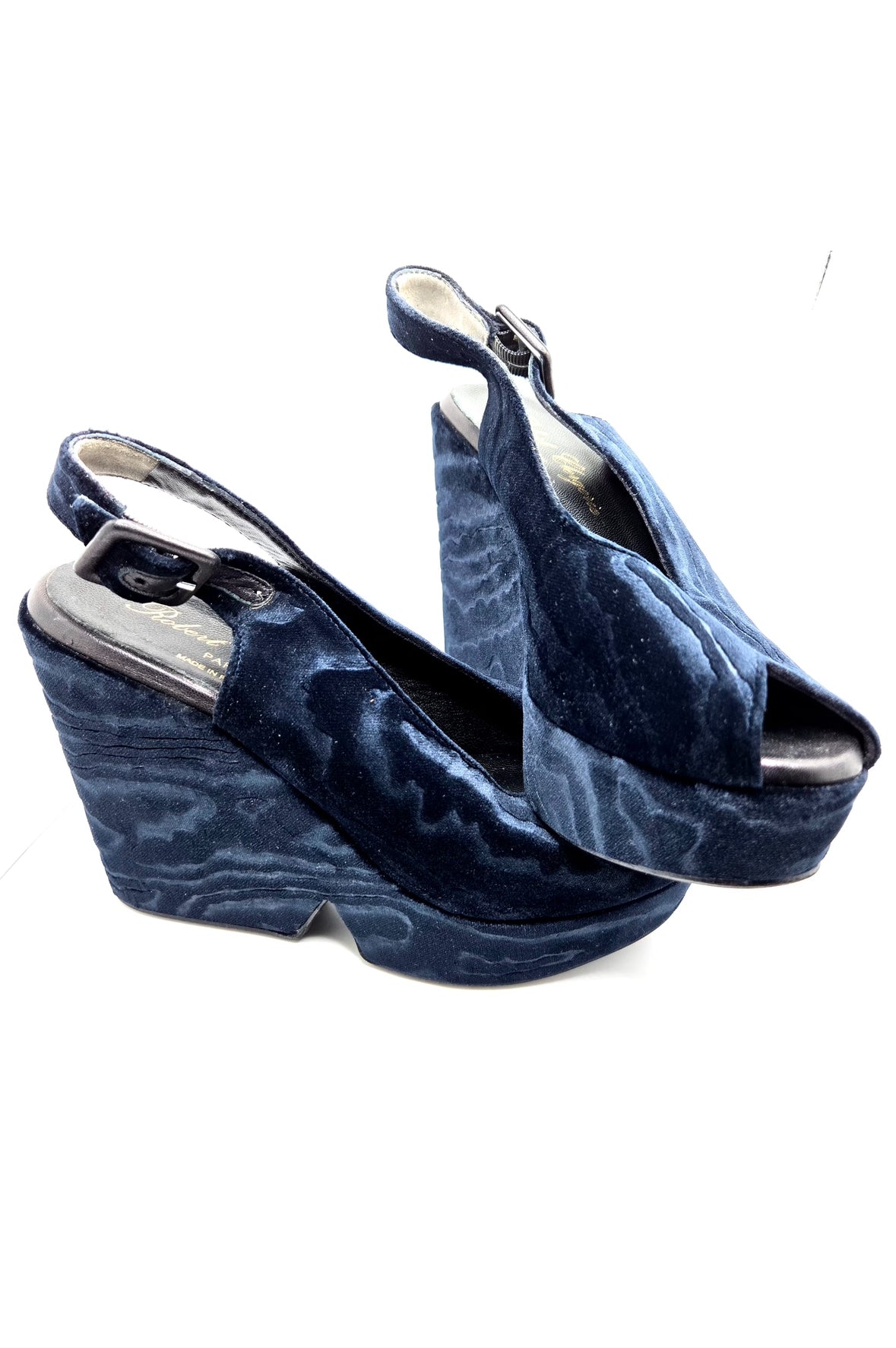 Vintage ROBERT CLERGERIE Dylan Midnight Blue Velvet Wedge Sandals Size 36