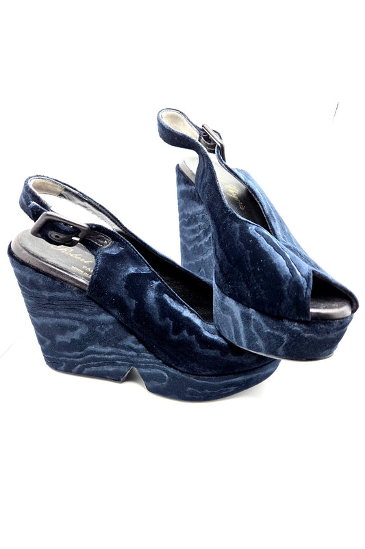 Vintage ROBERT CLERGERIE Dylan Midnight Blue Velvet Wedge Sandals Size 36