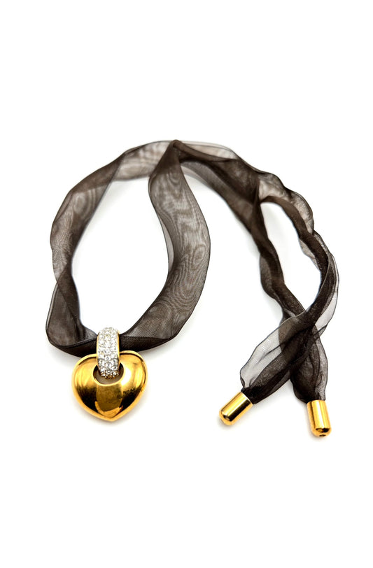 Vintage SWAROVSKI Swan Signed Gold Tone Pendant Necklace, Heart Splits Into Two with Red Crystal Heart Inside, Brown Ribbon